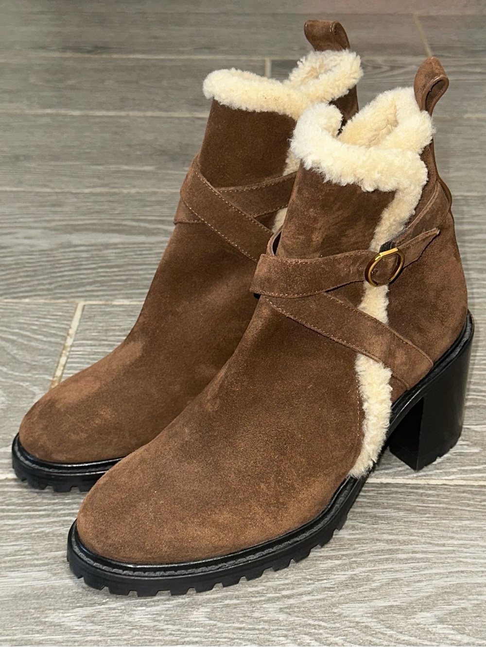 Banana Republic Mid Heel Ankle Boot Women’s 9 Brown Suede Leather Shearling